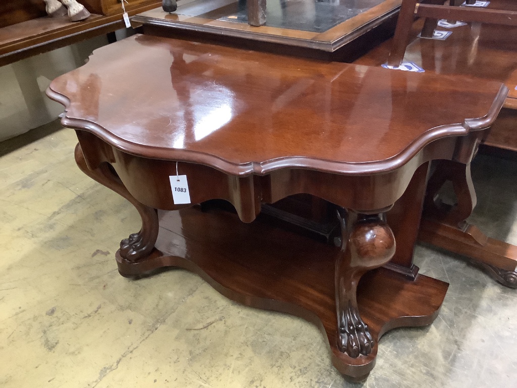 A Victorian mahogany two tier console table, width 120cm, depth 64cm, height 76cm